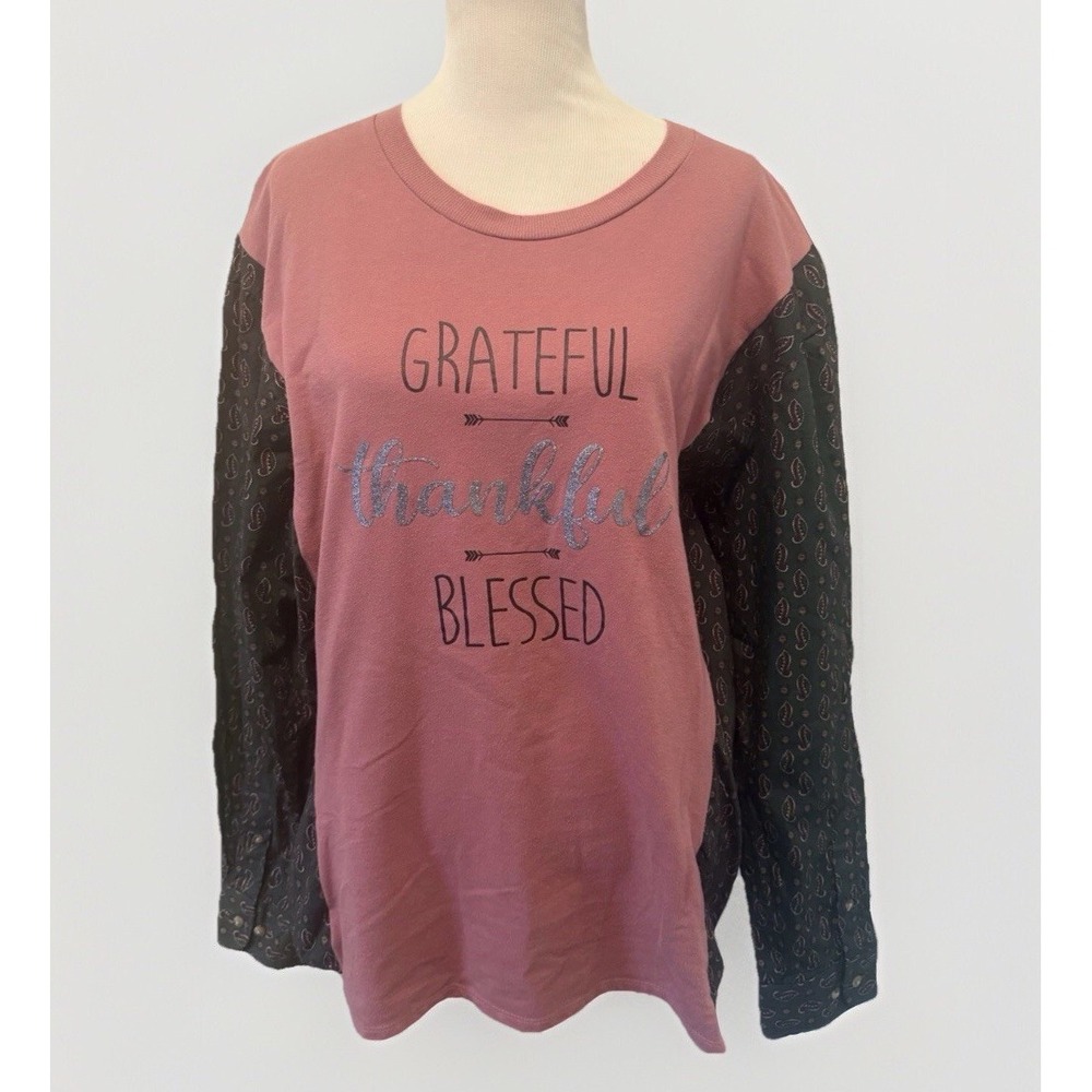 Thankful Grateful Blessed Sweatshirt Hand Sewn Paisley‎ Sleeves Added XL